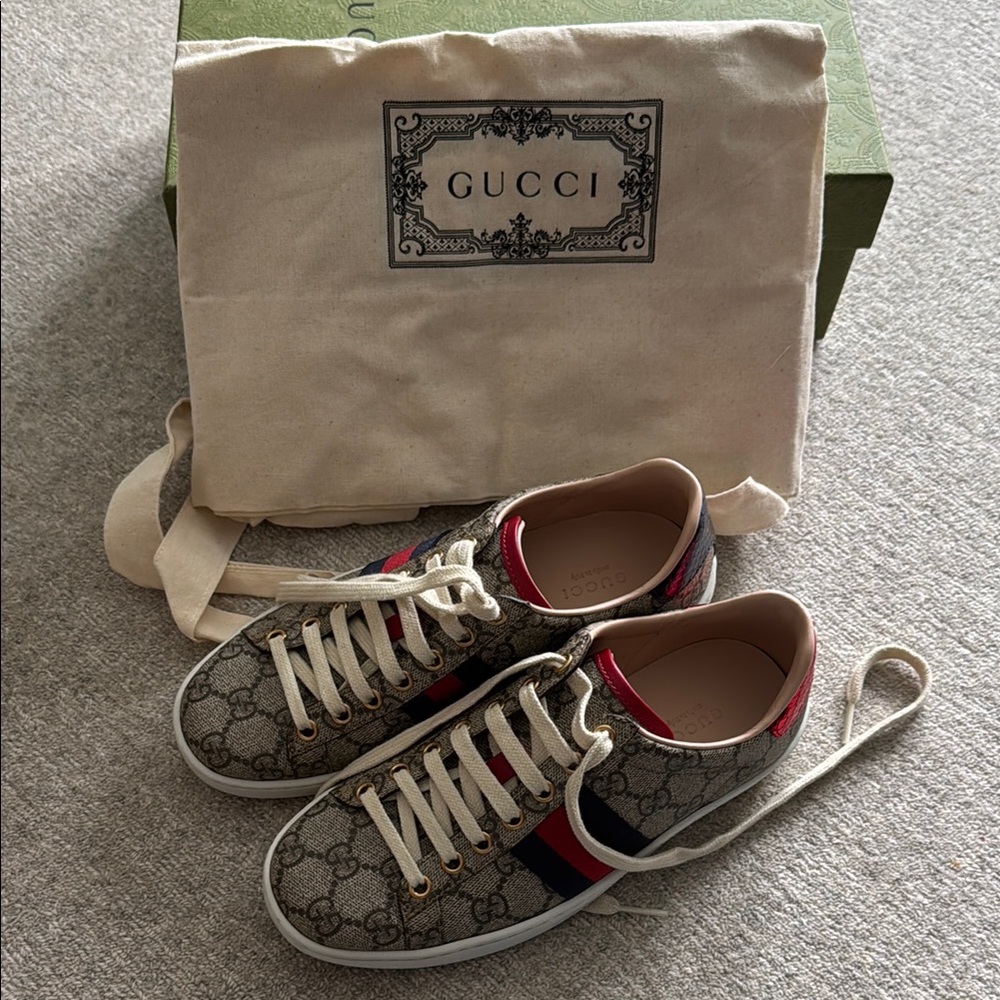 Gucci Monogram Sneakers with Red and Blue Stripes